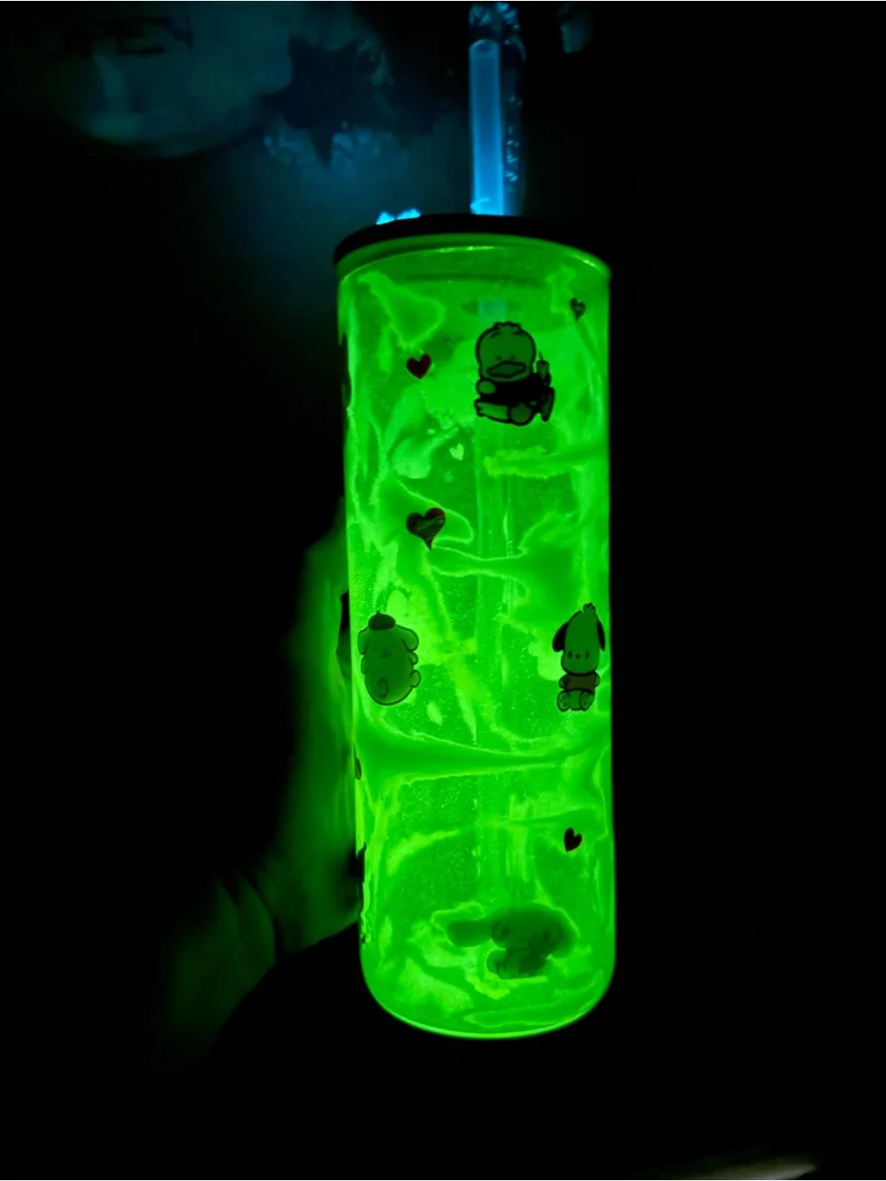 Sanrio Characters 20 oz Skinny Glass Glow Cup with Extra Lid Handmade